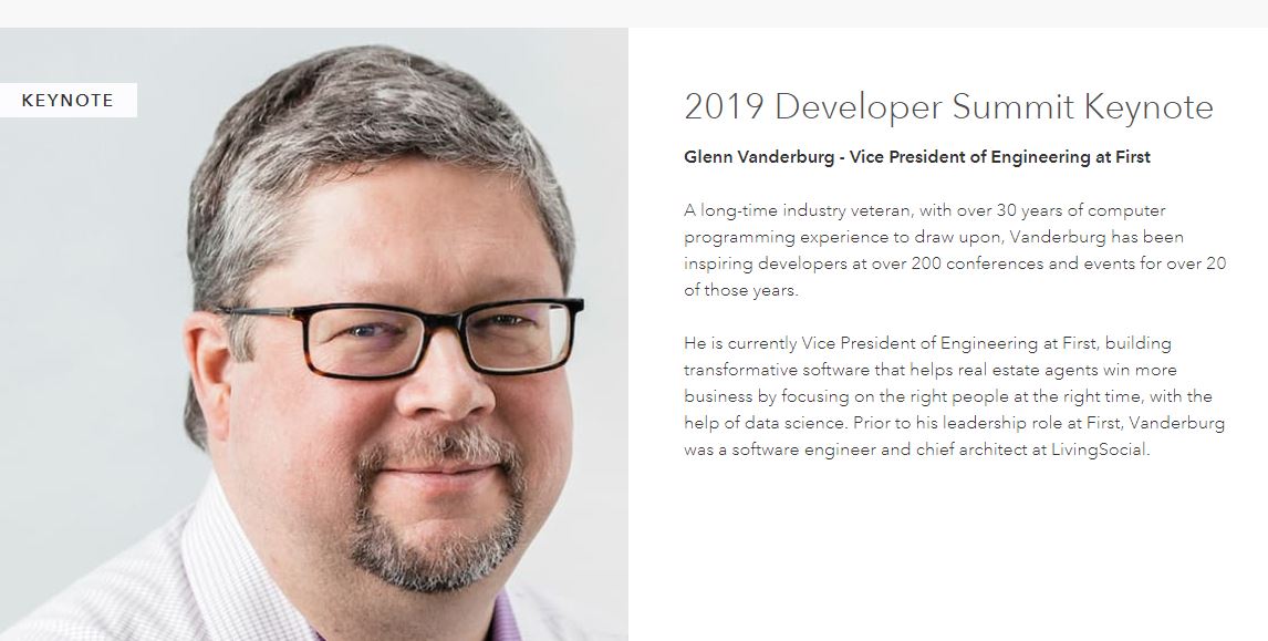 Esri DevSummit 2019 - Keynote Speaker, Glenn Vanderburg